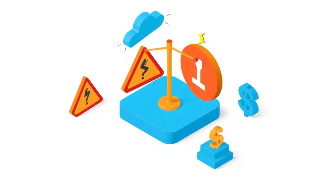 Investment risk factors visualization with warning symbols, balance scale, storm cloud, and cracked foundation representing insurance, assessments, and structural risks